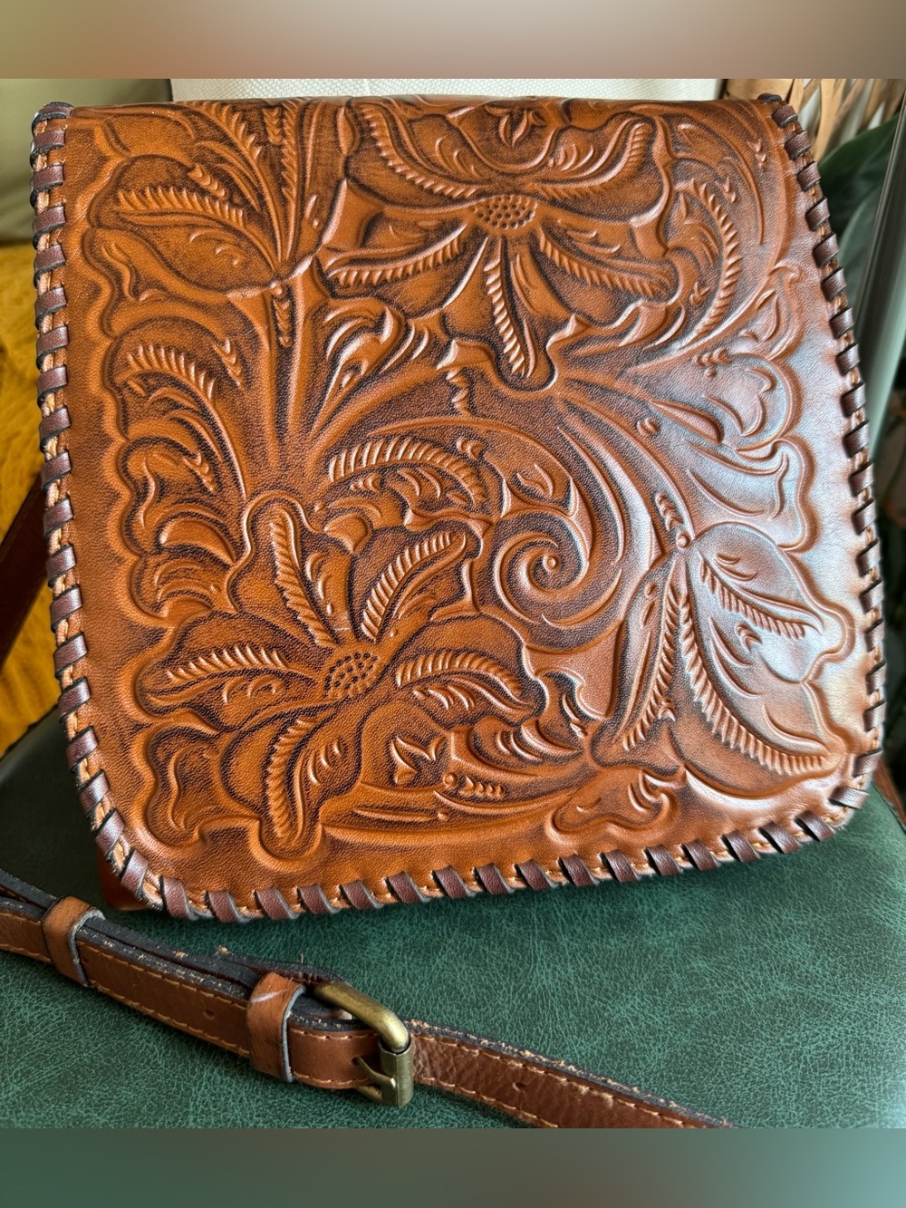 Patricia Nash Tooled Brown Leather Crossbody Bag